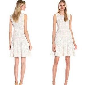 Vince Camuto Dress Womens L Ivory Floral Lace Sleeveless Stretch Fit Flare Party